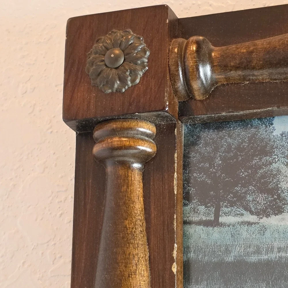 Vintage Rustic Wood Wall‎ Mirror Scenic Duck Nature Print Spindle Frame Rosettes